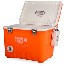 Load image into Gallery viewer, Engel 19qt Live Bait Cooler Box with 2nd Gen 2-Speed Aerator Pump - Portable Fishing Station & Minnow Bucket for Shrimp & Other Live Fish with Aerator - ENGLBC19-N-OHV in Orange High-Visibility