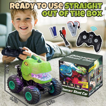 Load image into Gallery viewer, Remote Control Car for Boys Age 4-7 8-12, 50min+ Runtime Dinosaur Monster Truck Toy with Spray, Light, Music, 360 Rotating