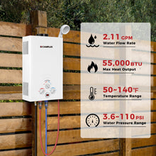 Load image into Gallery viewer, CAMPLUX Propane Water Heater, 2.11GPM Portable Water Heater for Camping, 55,000 BTU Portable Hot Water Heater Outdoor, BW211, White