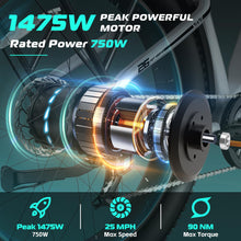 Load image into Gallery viewer, Electric Bike for Adults, 26" x 4.0 Fat Tire Ebike, 1475W Peak Motor Torque Sensor Electric Mountain Bike, 25MPH Electric Bicycle