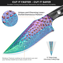 Load image into Gallery viewer, Premium Hunting Knife with Leather Sheath, 4.2" Damascus Style Fixed Blade Knife, Rainbow Titanium Coated German High Carbon Steel, Two-Tone Wood Handle,Unique Outdoor EDC Knife Gift for Men and Women (Dazzling colors) (Rainbow-color)