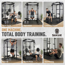 Load image into Gallery viewer, SAKAE Squat Rack, Multi-Function Power Cage with Adjustable Cable Crossover System for Strength Training, Power Rack with LAT Pull Down, Pull-Up Bar, Dip Bars, Weight Bench & Training Attachments