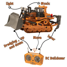 Load image into Gallery viewer, 9-Channel Metal RC Bulldozer with Lights and Sound - Remote Control Heavy Equipment Construction Vehicles Dozer Toys