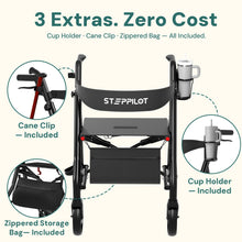 Load image into Gallery viewer, StepPilot Zero Wobble Rollator Walker with Seat for Seniors, 350lb Capacity, 18" Extra Wide Seat, 8" Wheels & Dual Brake, One-Hand Folds to 9.6", 7-Level Handle Adjustable, Cup Holder & Cane Clip