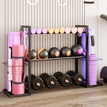 Load image into Gallery viewer, 3-Tier Adjustable Dumbbell Rack Heavy Duty Metal Storage Rack, Dumbbell Weight Rack and Kettlebells Rack, Yoga Mat Organizer, Multi-Purpose Gym Equipment Storage Stand for Home Gym Accessories