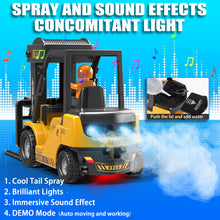 Load image into Gallery viewer, RC Forklift Toy with Trailer, Kids Forklift Construction Toys Set with Flatbed Truck & Crane Toy Hook, 2 Battery/Spray/Light