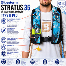 Load image into Gallery viewer, BLUESTORM x Kryptek Stratus 35 Inflatable Life Jacket PFD for Adults (Obskura Litus Blue Camo) | US Coast Guard (USCG) Approved Automatic Self Inflating Life Vest Preserver with Manual Ripcord