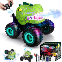 Load image into Gallery viewer, Remote Control Car for Boys Age 4-7 8-12, 50min+ Runtime Dinosaur Monster Truck Toy with Spray, Light, Music, 360 Rotating