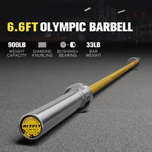 Load image into Gallery viewer, RitFit Elite 6.6ft Olympic Barbell, Robust 33lb Barbell for Weightlifting and Powerlifting, Superior Olympic Bar with Exceptional 900lbs Load Capacity, Weight Bar for 2” Standard Plates Sliver/Yellow