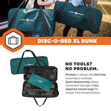 Load image into Gallery viewer, Disc-O-Bed Extra Large Portable Bunk Camping Cots with Carry Bags - Heavy-Duty Indoor or Outdoor Sleeping System, Converts to Bench or Separate Beds, 500 lb Weight Capacity Per Cot, Green