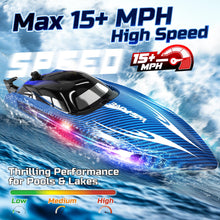 Load image into Gallery viewer, RC Boats for Adults, Remote Control Boat for Pools and Lakes, WF17 25+ KMH Fast RC Speed Boat with 7 LED Light Modes, Blue