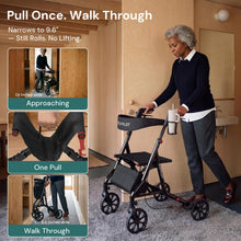 Load image into Gallery viewer, StepPilot Zero Wobble Rollator Walker with Seat for Seniors, 350lb Capacity, 18" Extra Wide Seat, 8" Wheels & Dual Brake, One-Hand Folds to 9.6", 7-Level Handle Adjustable, Cup Holder & Cane Clip