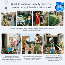Load image into Gallery viewer, Portable Shower for Camping, Rechargeable Portable Camping Shower Pump with USB-C, Camp Shower with 3 Spray Modes, Outdoor Shower Kit for Camping, RV, Travel, Pet Bath, Watering Plants (+ Mesh Bag)
