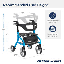 Load image into Gallery viewer, Drive Medical Nitro Sprint Foldable Rollator Walker with Seat - Lightweight Support - Large Wheels - Compact Folding Design - Adjustable Comfort - Standard Size - Blue