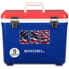 Load image into Gallery viewer, Engel UC19-RWB 19 Quart Fishing Live Bait Dry Box Ice Cooler with Stain/Odor-Resistant Surface and Shoulder Strap, USE Red, White and Blue with American Flag