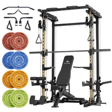 Load image into Gallery viewer, Major Fitness Drone3 Smith Machine, All-in-One Home Gym Squat Rack with Cable Crossover & Pull-Up Station, Heavy-Duty Strength Training (D3SMS-KHA (with Bench Elite BLK & 230LB CLR BP NEW)