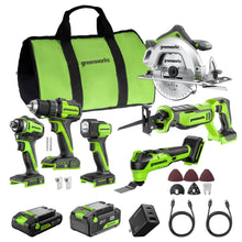 Load image into Gallery viewer, GREENWORKS 24V (6-Tool) Combo (Drill, Impact Driver, Circular Saw, Reciprocating Saw, Multi-Tool, Flashlight), 4.0Ah + 2.0Ah (24,000mAh Power Bank) Batteries, (2) Cables, 65W Rapid Charger