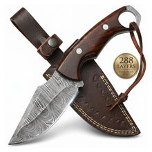 Load image into Gallery viewer, BISONBROS Damascus Hunting Knife 10 Inch – Fixed Blade Full Tang Knife with Leather Sheath – 288 Layer 1095 & 15N20 High Carbon Steel – Rosewood Handle Bushcraft Knife for Camping