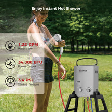 Load image into Gallery viewer, CAMPLUX 1.32 GPM Portable Outdoor Tankless Water Heater Propane Instant Hot Camping Shower Pump w/Freestanding Stand and Carry Bag, AY132GMax, Gray
