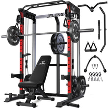 Load image into Gallery viewer, JELENS C21 Power Cage, 2000LBS Multi-Function Power Rack with Independent Dual Pulley System, All-in-One Squat Rack for Cable Crossover, Home Gym Workout Machine (Red, 230LB Black Weights)