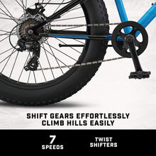 Load image into Gallery viewer, Fat Tire Mountain Bike for Youth Boys Girls, 24-Inch Wheels, Mechanical Disc Brakes, 12-Inch Steel Hardtail Frame, 7-Speed, Blue