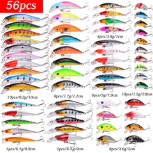 Load image into Gallery viewer, Aorace 56pcs Fishing Lures Large Hard Bait Minnow VIB Lure with Treble Hook Life-Like Swimbait Fishing Bait Popper Crankbait Vibe Sinking Lure for Bass Trout Walleye Redfish