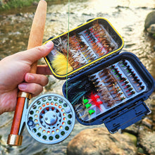 Load image into Gallery viewer, Fly Fishing Flies Assortment Kit Dry Wet Nyphms Tenkara Popper Streamer Woolly Bugger for Trout Bass Salmon Steelhead with Fly Box (100PCS Fishing Flies Kit)