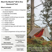 Load image into Gallery viewer, KAMMOK Mantis Hammock, All Seasons, Mosquito Net, Storage Bag, Camping, Outdoor Activities - Pine Green