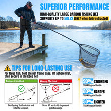 Load image into Gallery viewer, PLUSINNO Large Fishing Net, 4.9 FT Carbon Fiber Fish Net with Long Telescoping Handle, Kayak Fishing Gear Accessories Foldable Landing Net for Bass, Trout, Catfish, Fishing Gifts for Men Father