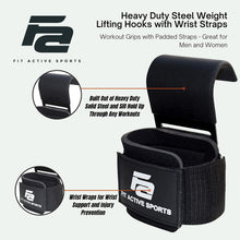 Load image into Gallery viewer, Fit Active Sports Heavy Duty Steel Weight Lifting Hooks with Wrist Straps - Black