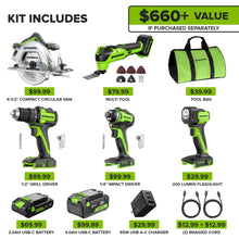 Load image into Gallery viewer, GREENWORKS 24V (5-TOOL) Combo (Drill + Impact Driver + Circular Saw + Multi-Tool + Flashlight), 4.0Ah + 2.0Ah (24,000mAh Power Bank) Batteries, (2) Cables, 65W Rapid Charger