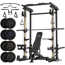 Load image into Gallery viewer, Major Fitness Drone3 Smith Machine, All-in-One Home Gym Squat Rack with Cable Crossover & Pull-Up Station, Heavy-Duty Strength Training (D3SMS-KHA (with Bench Elite BLK & 230LB BLK BP)
