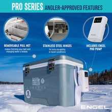 Load image into Gallery viewer, ENGEL 19 Quart Live Bait Cooler PRO for Fishing - Portable Minnow and Bait Bucket with Lithium-Ion Rechargeable Aerator - Silver (19Qt)