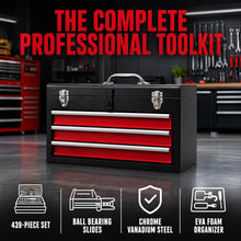 Load image into Gallery viewer, 439 Pieces Mechanic Tool Set with 3-Drawer Metal Tool Box, Complete Socket Wrench Screwdriver Pliers Kit, Heavy Duty Steel Storage Chest for Auto Repair, Household and Garage DIY Projects