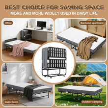 Load image into Gallery viewer, FYYXTEE Folding Bed with Memory Mattress, Twin Portable Roll Away Guest Bed with Wheels, Widened Grid Support Frame, Space-Saving for Office, Room, Basement, Small Apartment, 75" x 38" with HEADBOARD