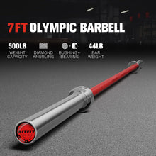 Load image into Gallery viewer, RitFit Elite 7ft Olympic Barbell, Robust 45lb Barbell for Weightlifting and Powerlifting, Superior Olympic Bar with Exceptional 500lbs Load Capacity, Weight Bar for 2” Standard Plates Sliver/Red