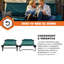 Load image into Gallery viewer, Disc-O-Bed Extra Large Portable Bunk Camping Cots with Carry Bags - Heavy-Duty Indoor or Outdoor Sleeping System, Converts to Bench or Separate Beds, 500 lb Weight Capacity Per Cot, Green