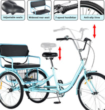 Load image into Gallery viewer, Adult Tricycle 7 Speed, Adult Tricycle with Rear seat for Ladies,24in 3-Wheel Bikes, Trike for Adults (Blue)