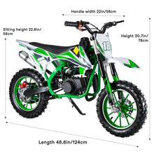Load image into Gallery viewer, 49cc Kids Dirt Bike, 2 Stroke Motorcycle with Off-Road Tires, Dual Disc Brakes, Shock Absorbers, Soft Seat Cushion, Gas Power, Green