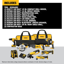 Load image into Gallery viewer, DEWALT 20V MAX Power Tools, 9 Cordless Tool Combo, Impact and Drill Driver, Oscillating Tool, Grinder,Circular and Reciprocating Saw,Right Angle Drill,Speaker,LED Light, 2 Batteries,Charger (DCK940D2)