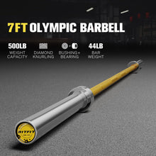 Load image into Gallery viewer, RitFit Elite 7ft Olympic Barbell, Robust 45lb Barbell for Weightlifting and Powerlifting, Superior Olympic Bar with Exceptional 500lbs Load Capacity, Weight Bar for 2” Standard Plates Sliver/Yellow