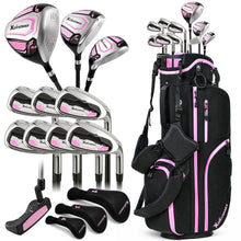 Load image into Gallery viewer, XDriveMax Left Handed Women's Complete Golf Clubs Set (11-Piece Package), Lightweight Graphite Shafts, 460cc Driver, 3 Wood, Hybrid, 5-9 Iron+PW+SW, Putter, Stand Bag - Black & Pink