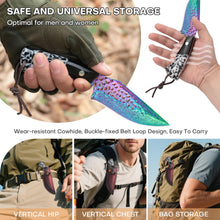 Load image into Gallery viewer, Premium Hunting Knife with Leather Sheath, 4.2" Damascus Style Fixed Blade Knife, Rainbow Titanium Coated German High Carbon Steel, Two-Tone Wood Handle,Unique Outdoor EDC Knife Gift for Men and Women (Dazzling colors) (Rainbow-color)