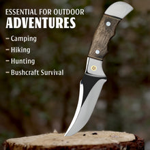Load image into Gallery viewer, 9 Inch Fixed Blade Hunting Knife with Leather Sheath, Full Tang Skinning Knife with Walnut Wood Handle, Razor Sharp Stainless Steel Bushcraft Knife for Camping, Survival & Outdoor Hunting Gear