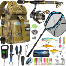 Load image into Gallery viewer, THKFISH Telescoping Fishing Rod and Reel Combo with Backpack, Carbon Fiber Travel Fishing Pole Spinning Reel Kit with Fishing Lures, Fishing net (Khaki Backpack with Fishing net & Rod, 1.8M 6FT)