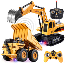 Load image into Gallery viewer, 2 PCS Remote Control Construction Vehicle Toy Set, Friction-Powered RC Excavator & RC Dump Truck with Lights and Sounds