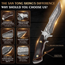 Load image into Gallery viewer, SAN TONG XIONG Damascus Hunting Knife,10.4" Fixed Blade VG10 Leather Sheath