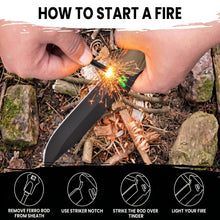 Load image into Gallery viewer, Naifu Bushcraft 6-in-1 Survival Knife — Full Tang Fixed Blade Hunting Knife with Sheath, 4.33 Inch Drop Point Blade, Built-in Sharpening Stone, Ferro Rod Fire Starter, Whistle, Glass Breaker & Paracord — Camping, Bushcraft, EDC Gear