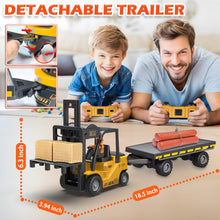 Load image into Gallery viewer, RC Forklift Toy with Trailer, Kids Forklift Construction Toys Set with Flatbed Truck & Crane Toy Hook, 2 Battery/Spray/Light