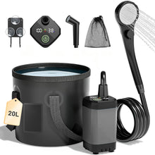 Load image into Gallery viewer, MILBOPAX Portable Shower for Camping, 6000mAh Rechargeable Camping Shower with Intelligent LED Display, Foldable Bucket, 4 Spray Modes, IPX7 Waterproof Outdoor Camp Pump for Hiking, Travel, Car, Pet